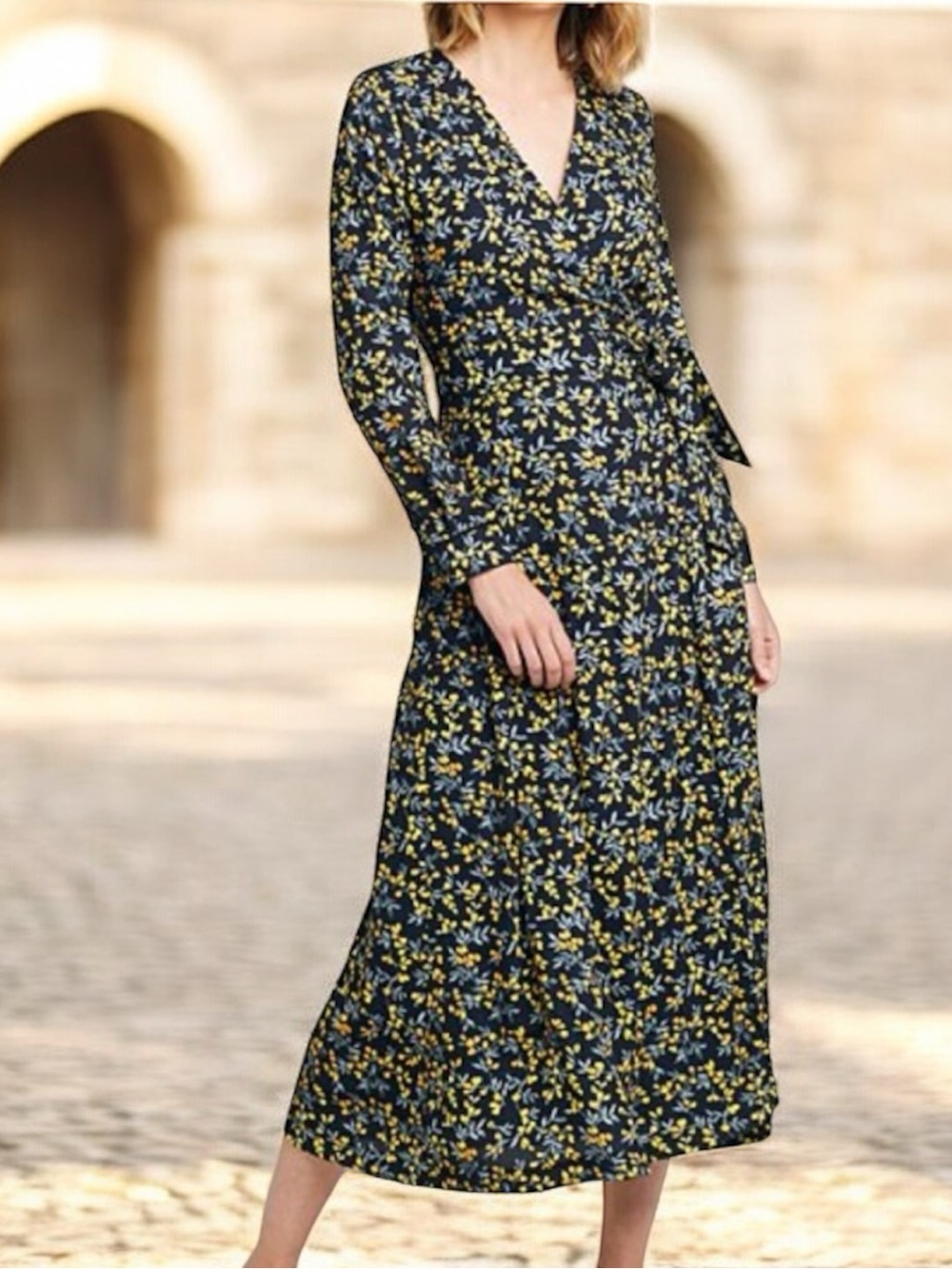 Caara Women’s Cristal V Neck Long Sleeve Floral True Wrap Self Tie Midi Dress XS
